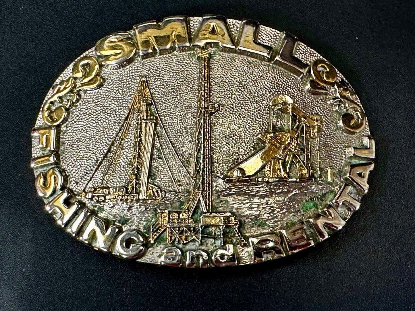 2 Small Fishing And Rental 24K Gold Plated Off Shore Oil Rig Belt Buckle By Adm