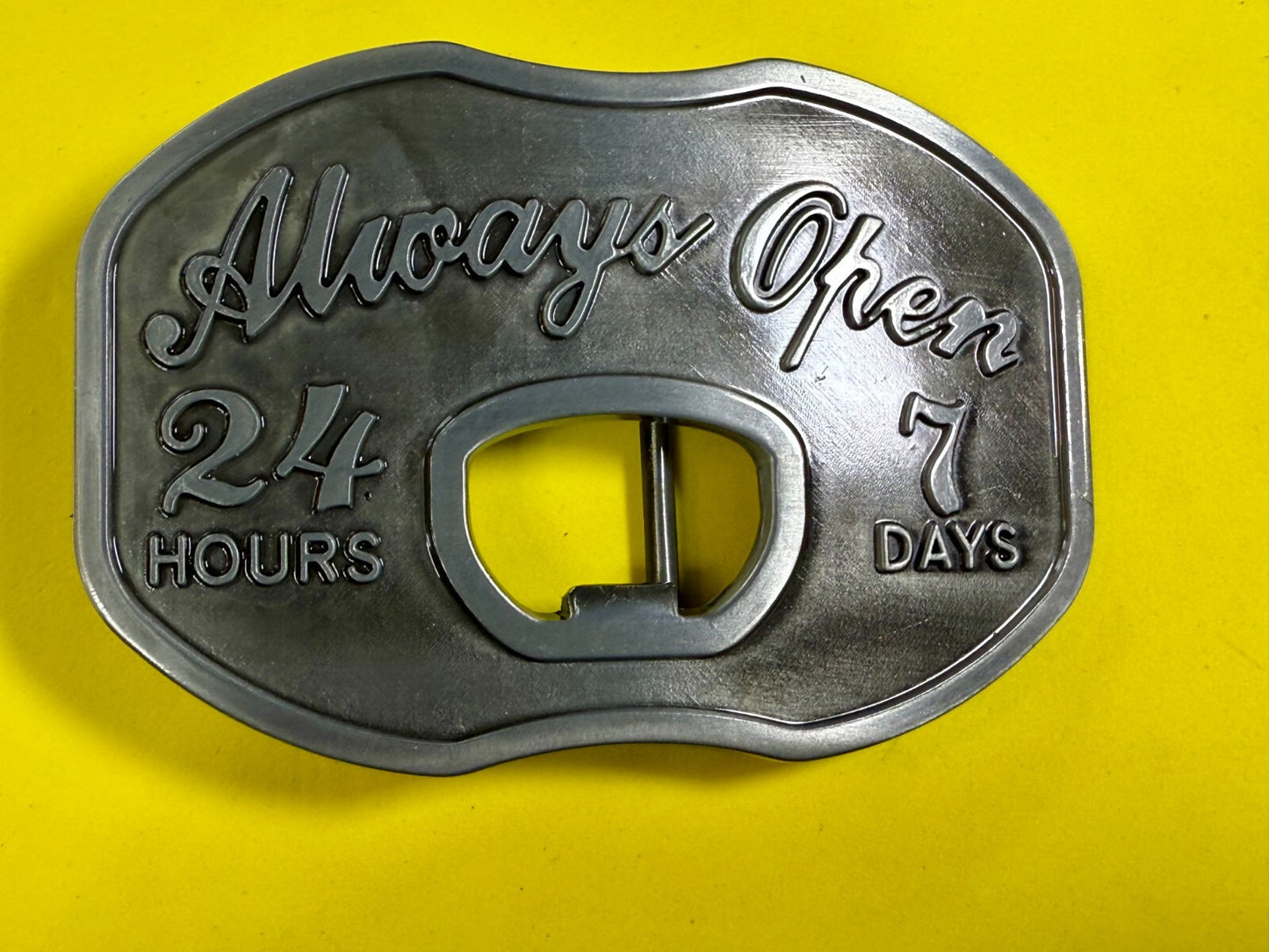Always Open 24 / 7 Belt Buckle and Bottle Opener - Perfect Bar Pickup Line!