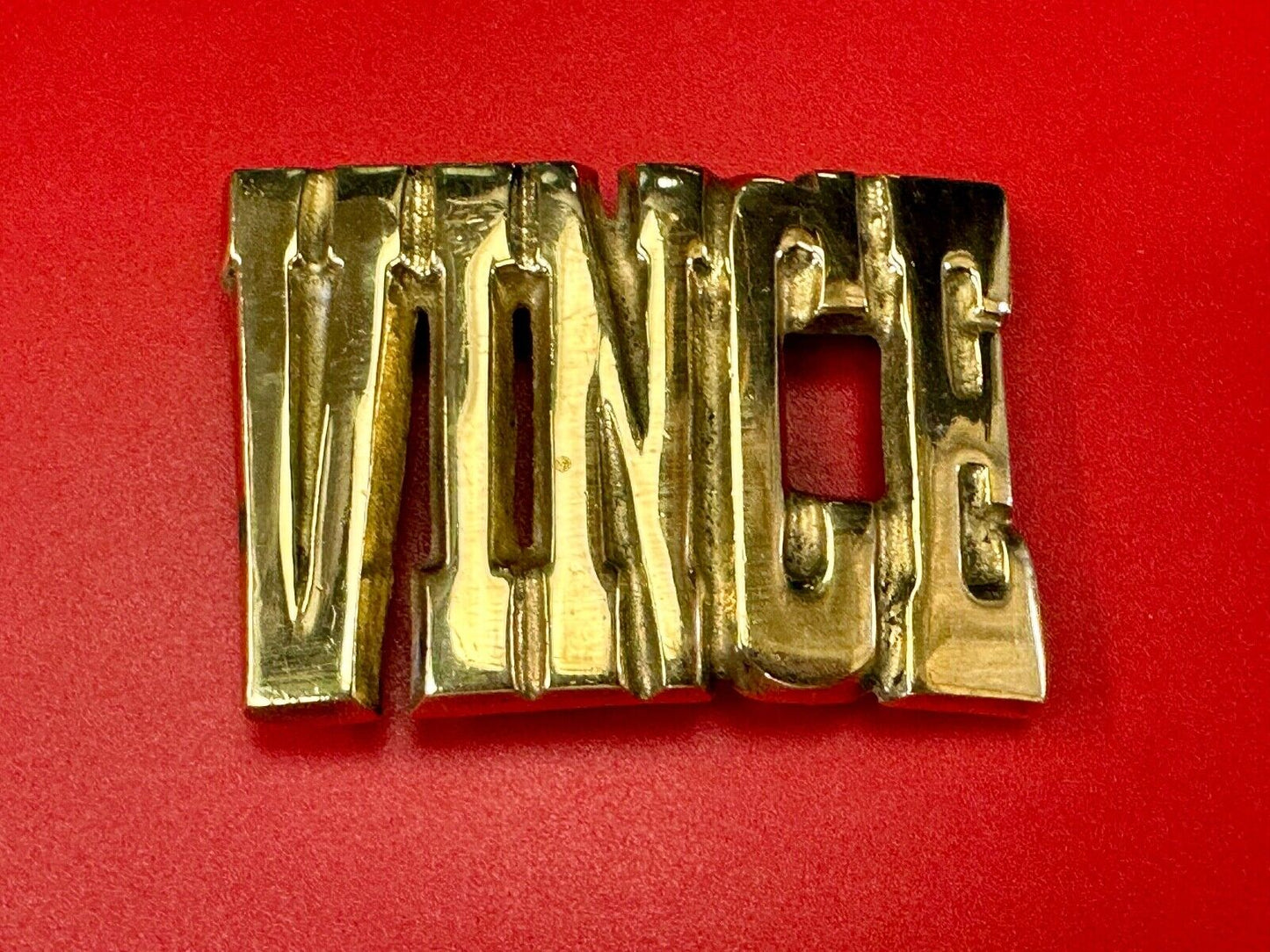 Vince,  Cutout block letters solid brass Vintage belt buckle marked Taiwan ROC