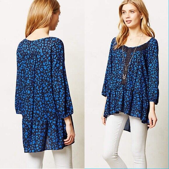 Anthropologie HD IN PARIS "Ressica" Blue Black Floral Lace Hi Lo Tunic Top S
