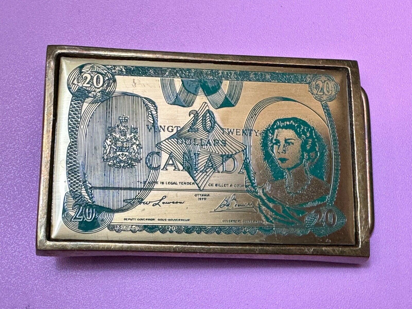 Twenty Dollars Canada Canadian Money Solid Brass Vintage 1983 Belt Buckle by NAP
