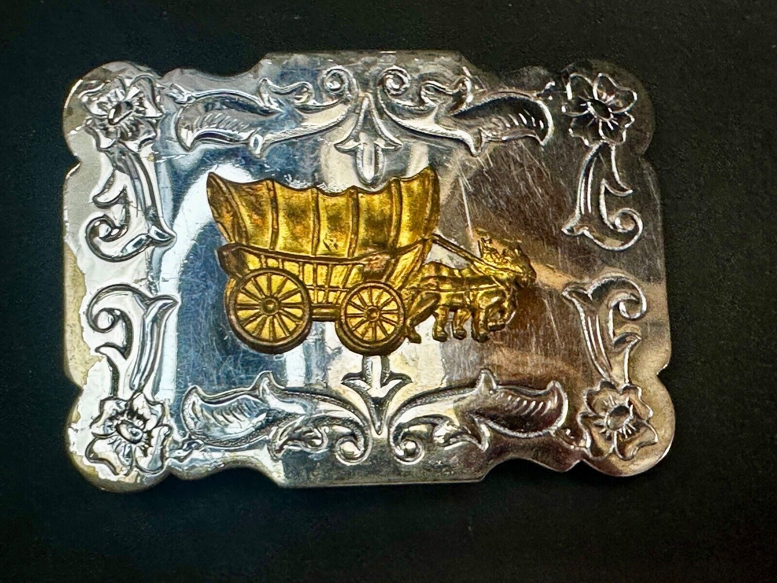 Vintage Horse Drawn Covered Wagon - two tone Belt Buckle with reflective surface
