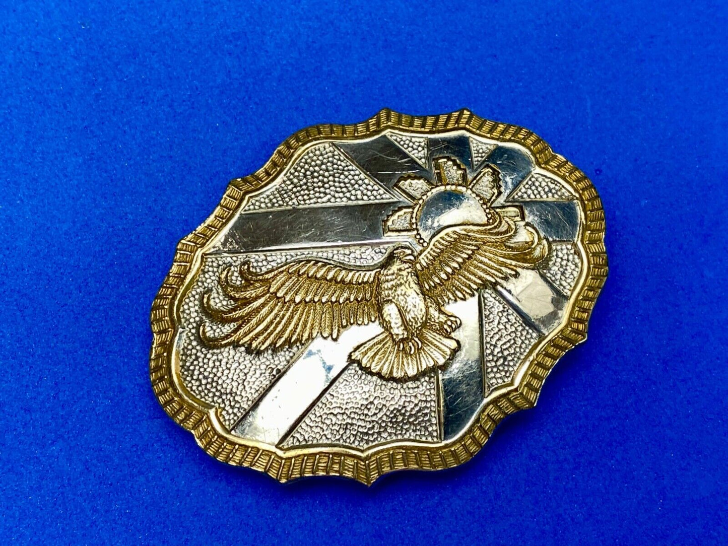 Vintage Crumrine Two tone Hunting American Bald Eagle in Flight belt buckle
