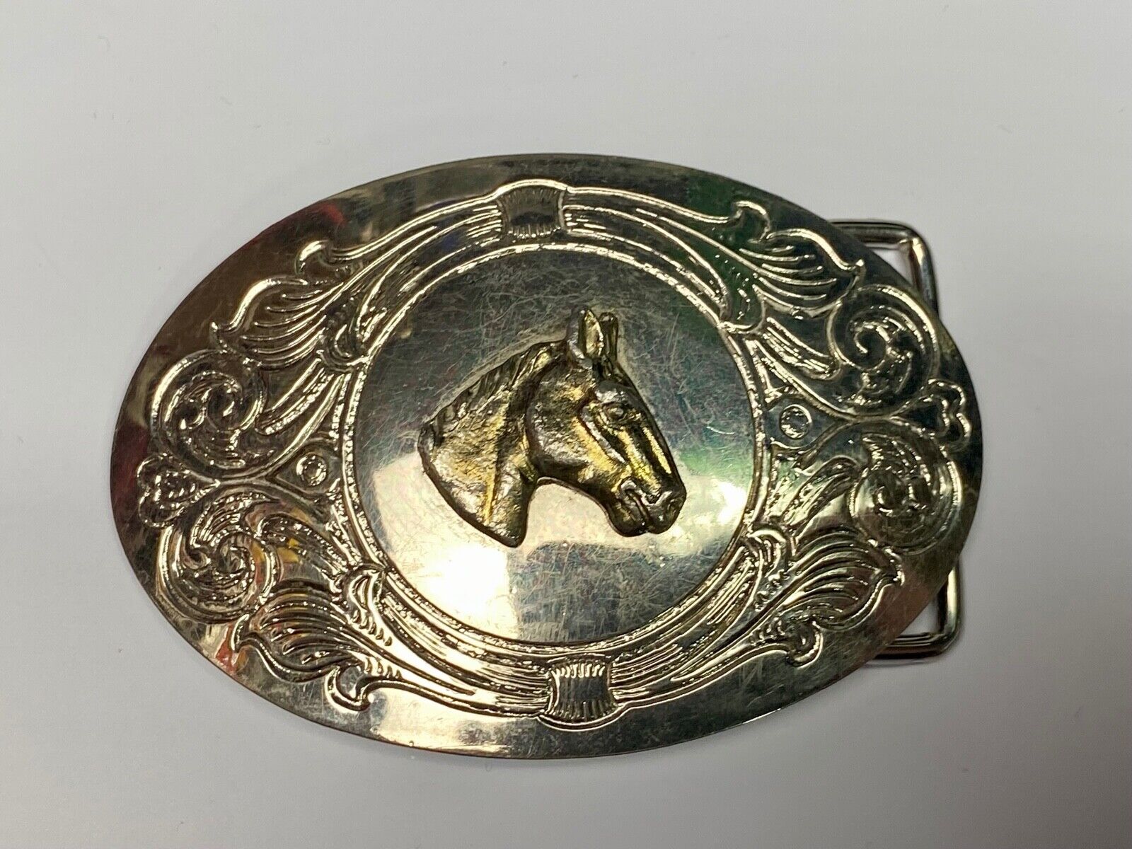Beautiful Horse Bust Head Mixed Metal On Ornate Western Belt Buckle 
