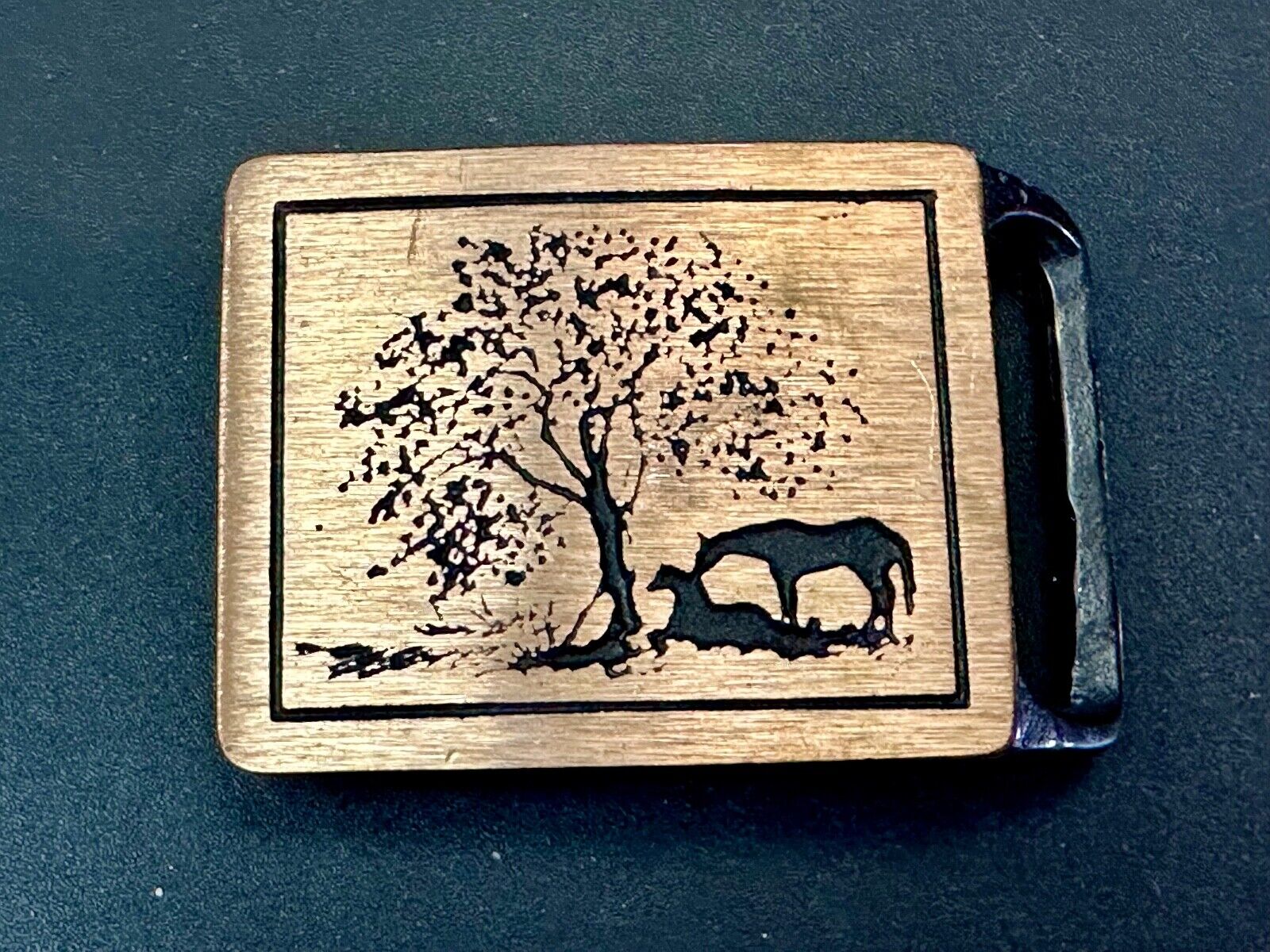 Two Horses Hippy Style 70's Horse at Tree Tech Ether Guild  belt buckle