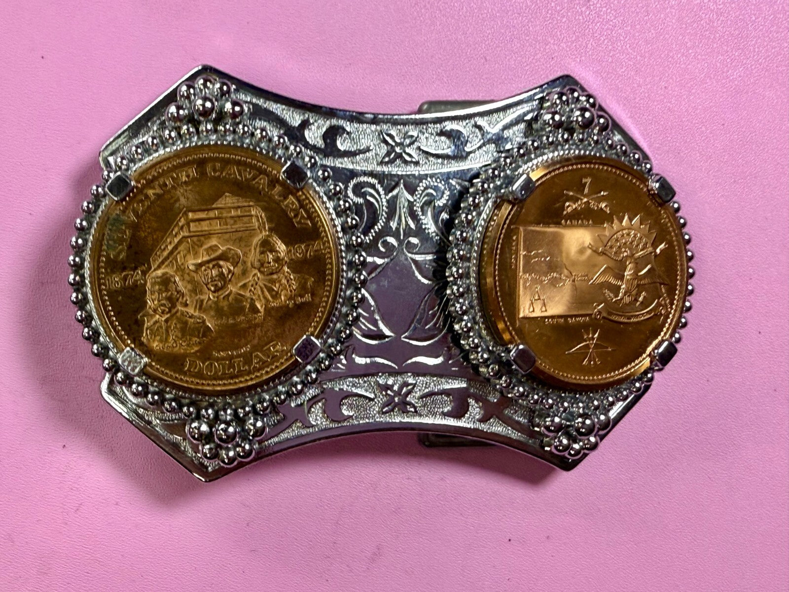 Two Seventh Cavalry Tokens Medallions in Dual Coin Collectors Belt Buckle