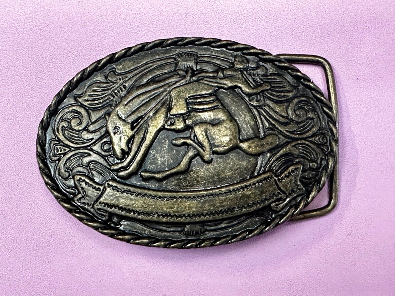 Abstract Vintage Cowboy Saddle Bronc western belt buckle with award ribbon