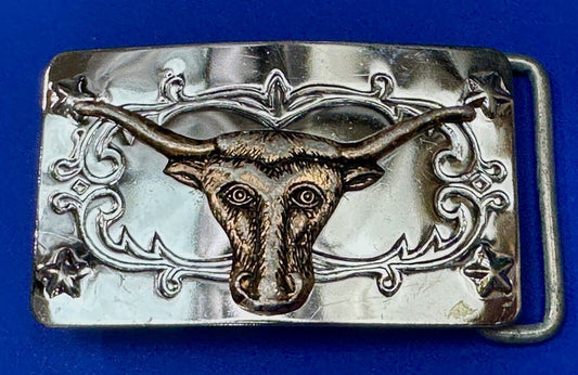 Texas Longhorn Cow Steer on Vintage two tone reflective western Belt Buckle