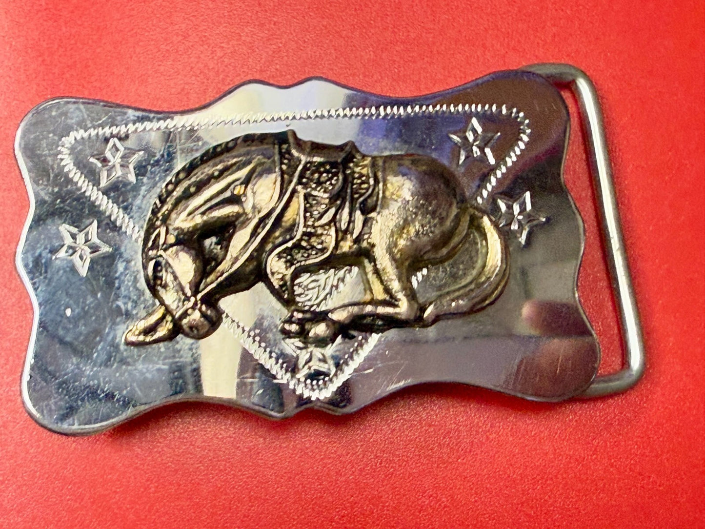 Vintage Horse Head Down End Of The Trail Reflective Two Tone Western Belt Buckle