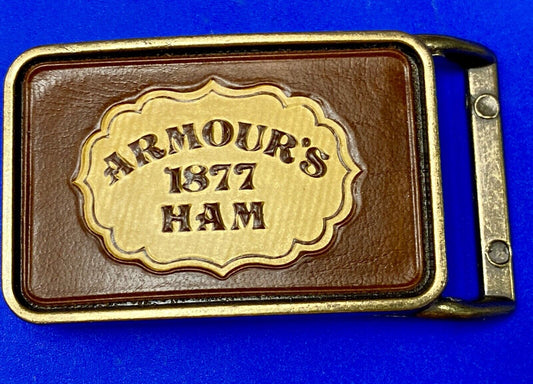 Vintage ARMOUR’S 1877 HAM leather and brass tone advertising belt buckle