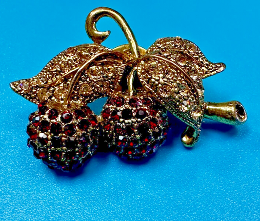 Two Cherries Cluster Fruits Vtg. Rhinestone Covered Figural Gold Tone Brooch Pin
