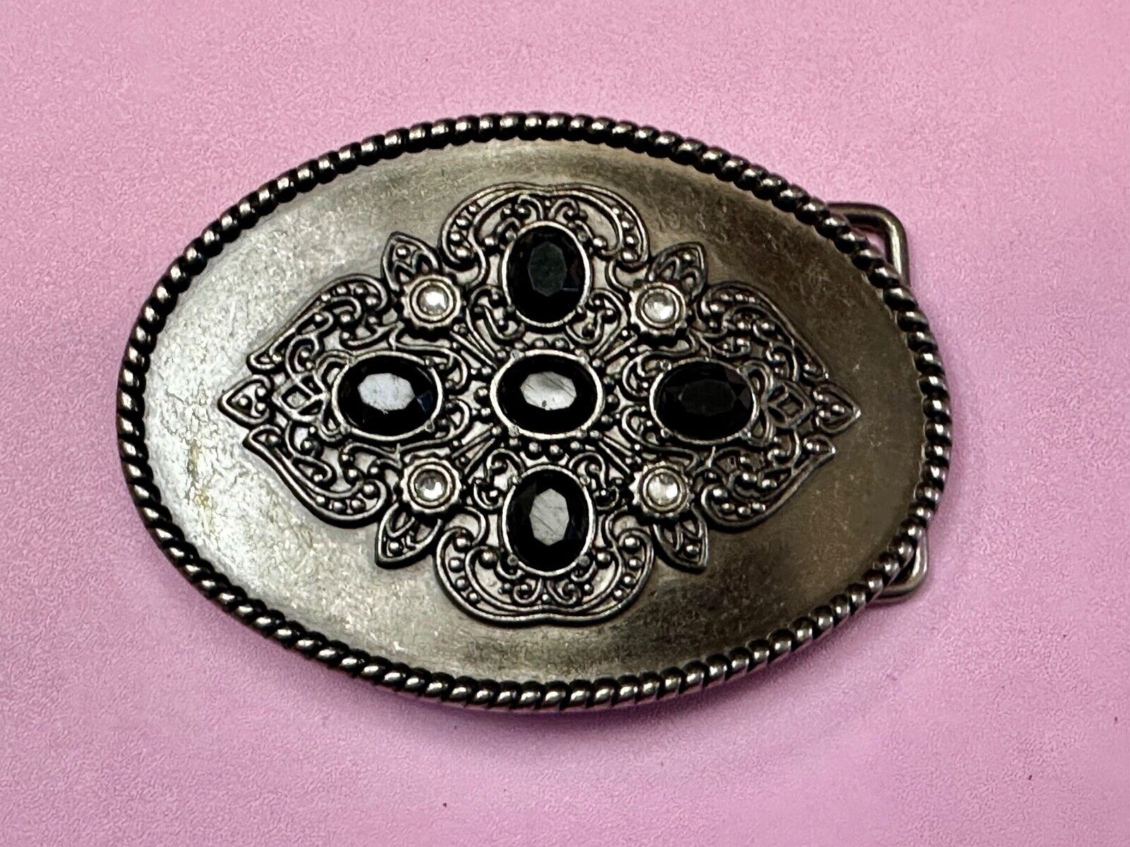 Black & White Rhinestones on Ornate Western Oval Belt Buckle with Rope Border