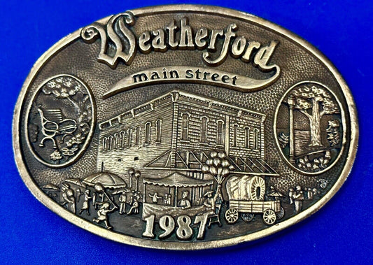 Texas Weatherford Main Street - vintage 1987 LIMITED ADM solid brass belt buckle