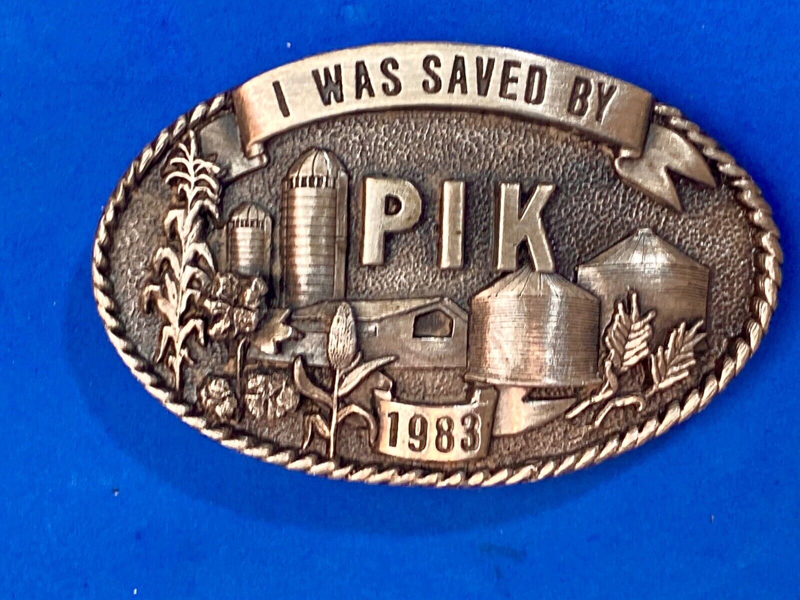 1983 "I Was Saved By PIK" Farm Agriculture Belt Buckle Iowa Premium & Supply Co 