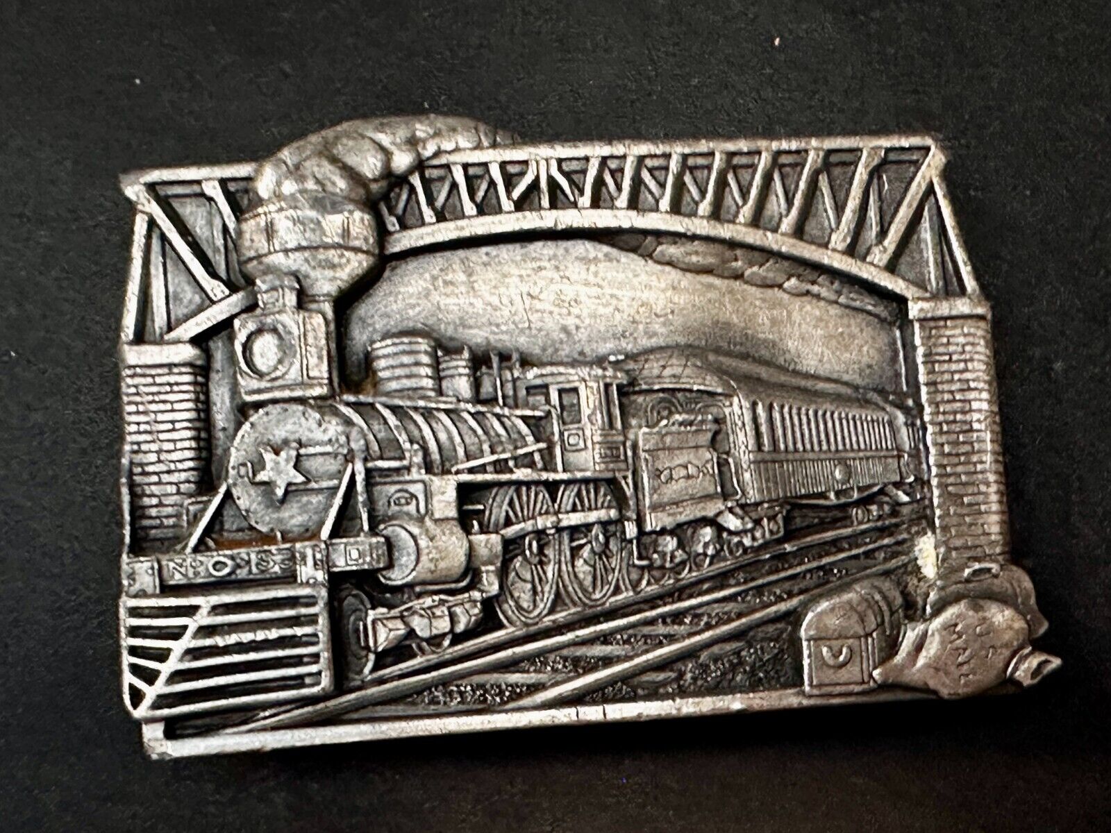 Train Steam Engine Over Bridge RailRoad RR Vintage 1980's Bergamot Belt Buckle