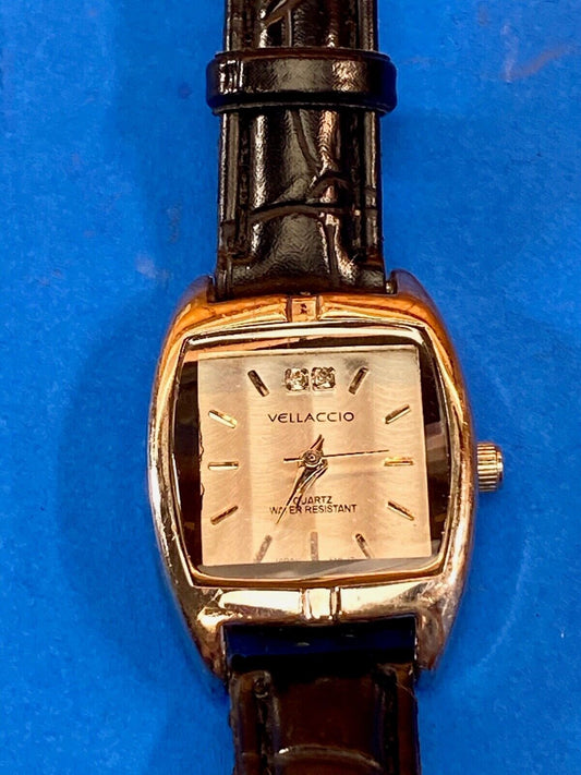 VELLACCIO watch - silver tone square face Diamond accent! black leather band