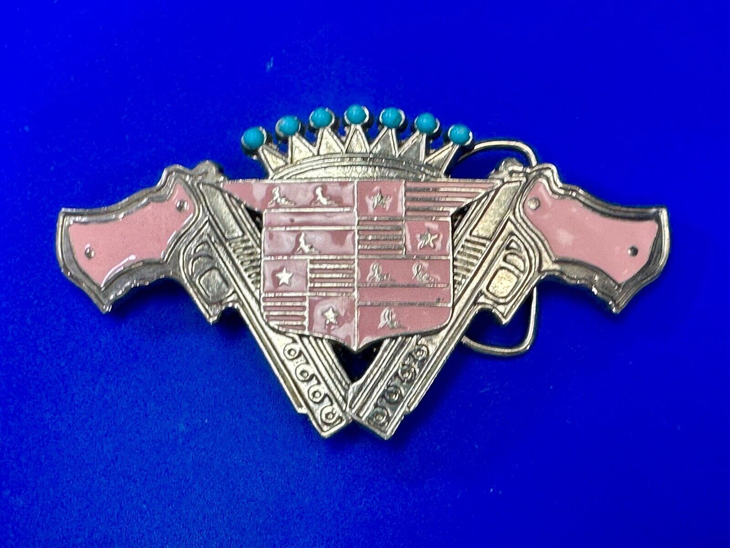 90's Pink Guns Cadillac Crown Blue crown tips LARGE cutout Belt Buckle 187 Inc