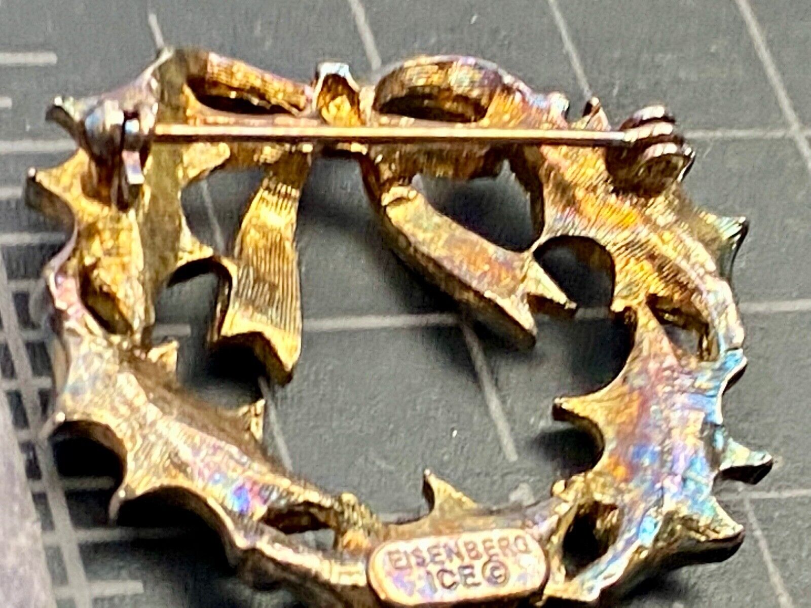 Vintage EISENBERG ICE Christmas Holly Wreath Brooch Pin Red Green Gold Enamel