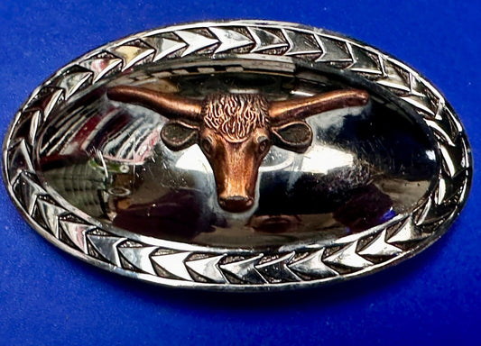 Texas Longhorn Steer Vintage Wide Oval Cowgirls Cowboys Two Tone Belt Buckle