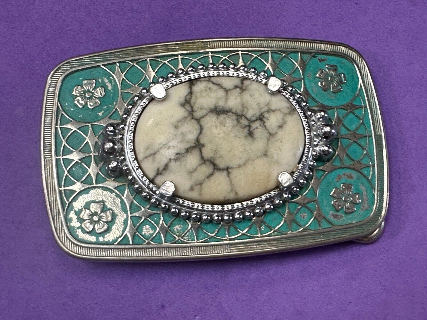 vintage Magnesite cabochon cab stone centerpiece on western belt buckle