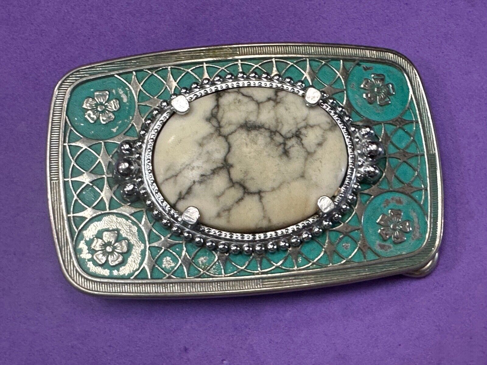 vintage Magnesite cabochon cab stone centerpiece on western belt buckle