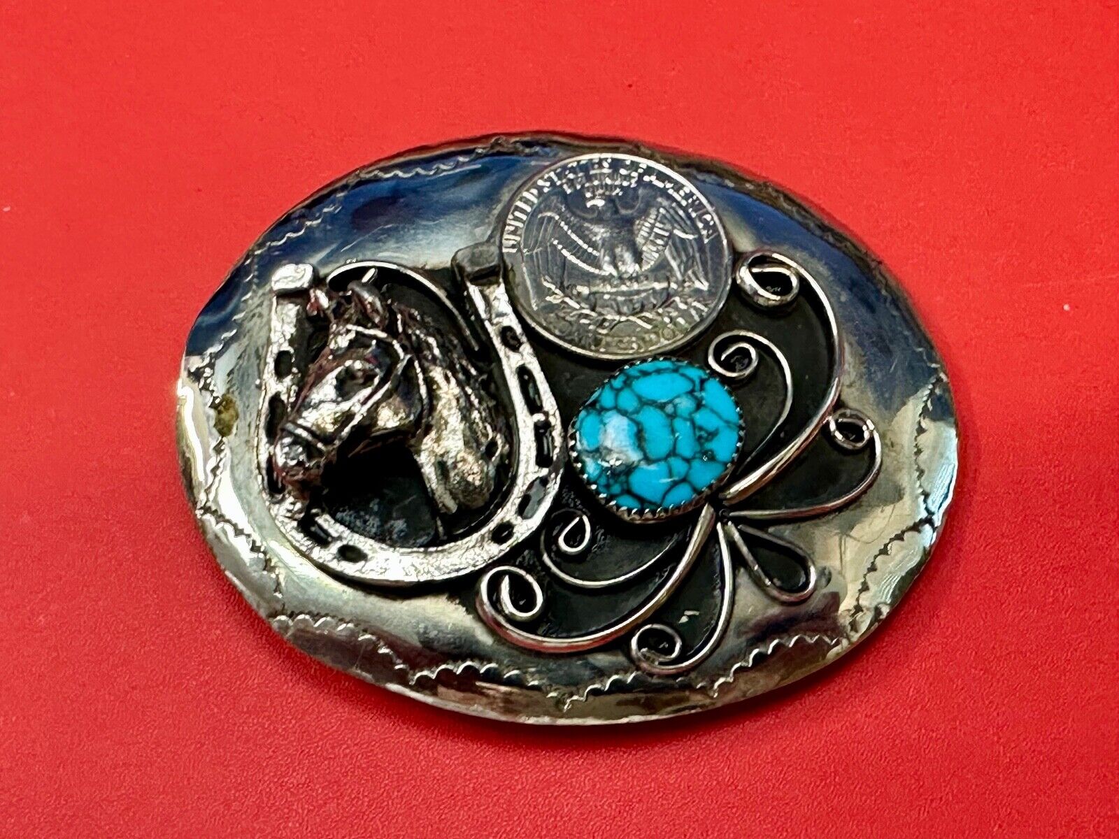 Turquoise Stone Horse Head & Shoe, Quarter Coin Southwestern belt buckle