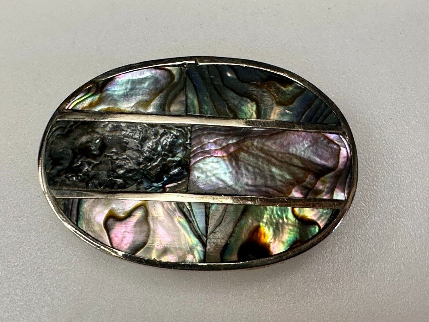 Artisan Natural Abalone Shell Vintage Oval Belt Buckle Marked Mexico