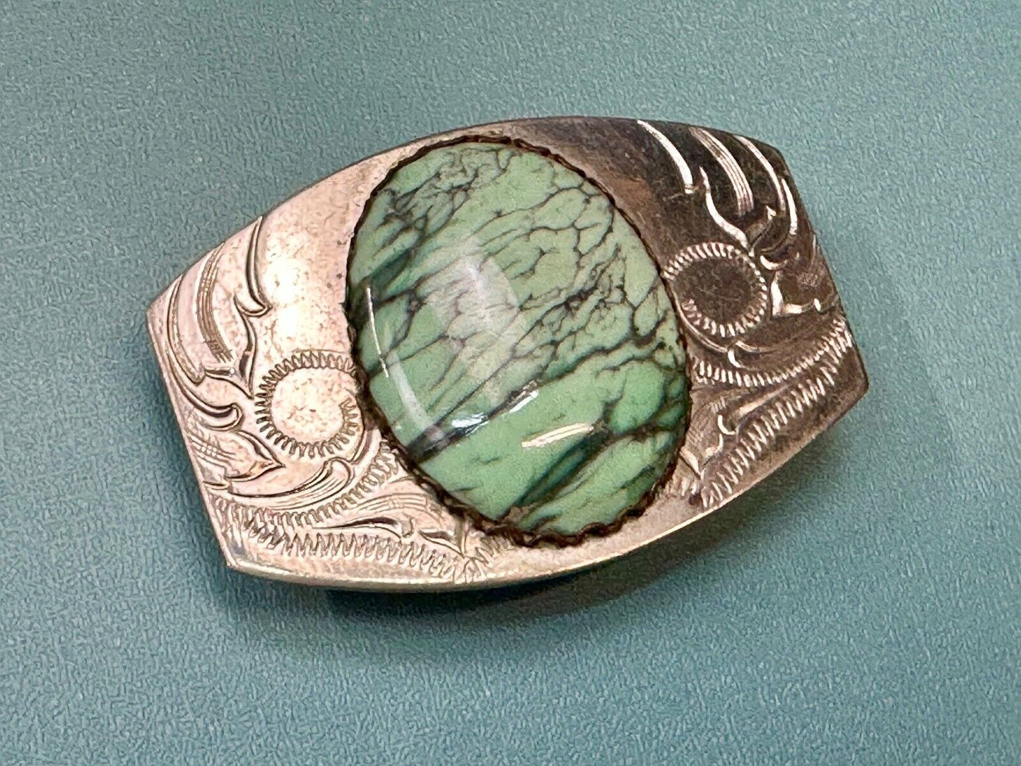 Variscite? Green  Gem Stone Cabochon Centerpiece on Nickel Silver Belt Buckle