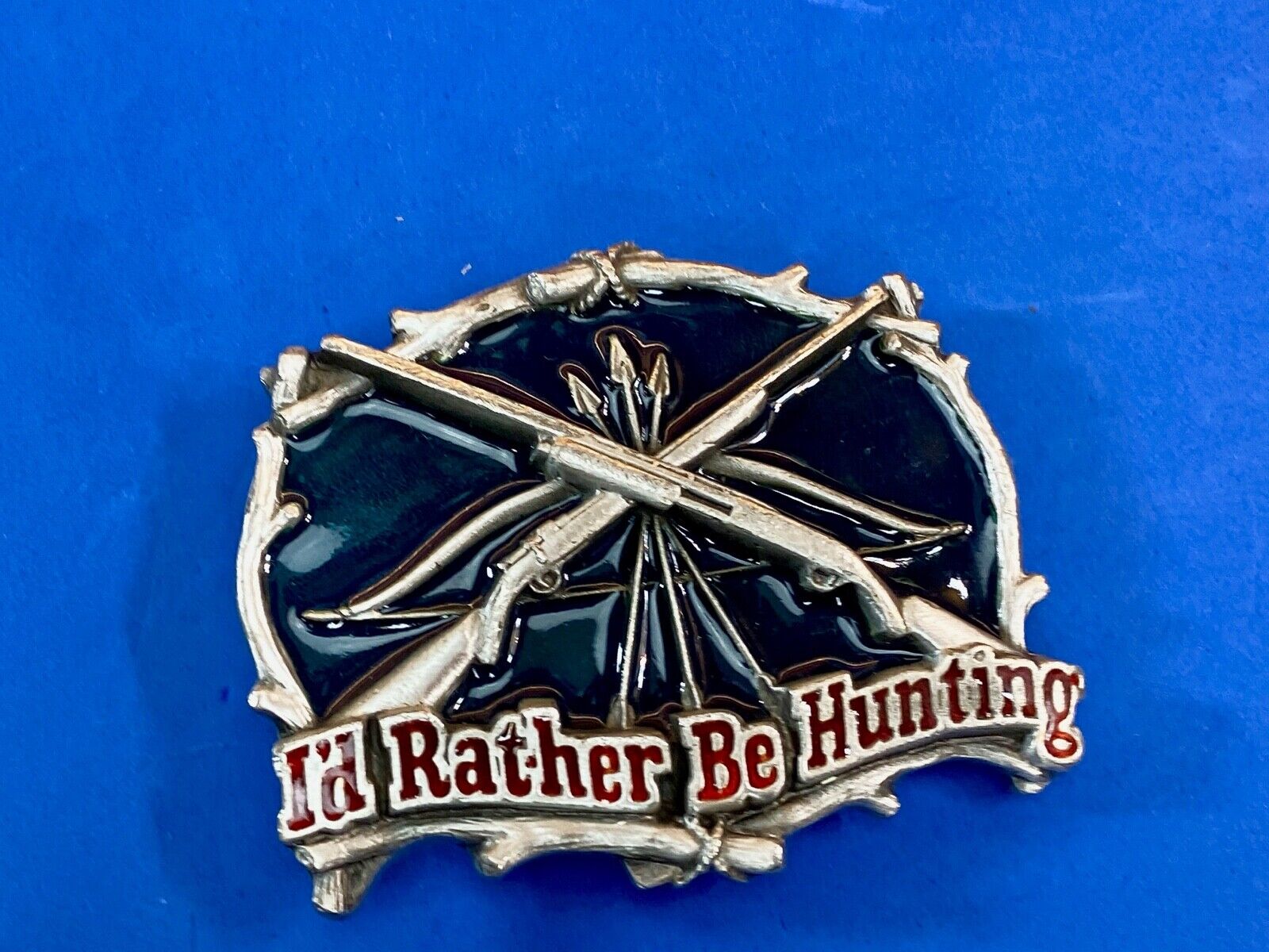 Vintage 1994 Id Rather Be Hunting Great American Belt Buckle - Crossed Shotguns