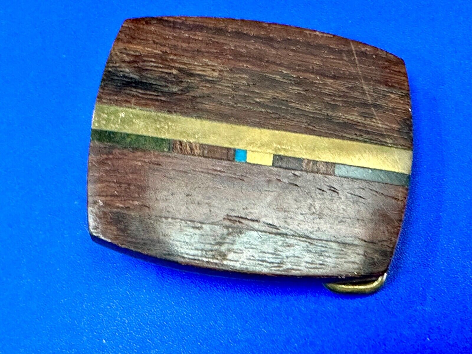 turquoise and solid brass inlay to exotic wood Scorpion Products Div belt buckle