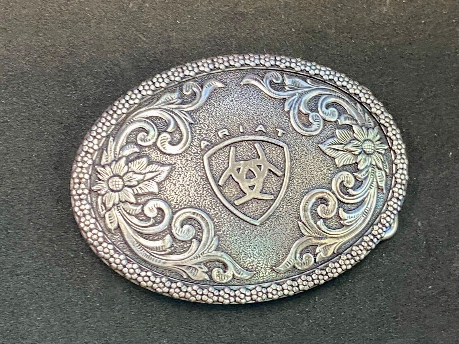 Ariat Western Oval Silver Tone Belt Buckle With Filigree Shield & Berry Edge
