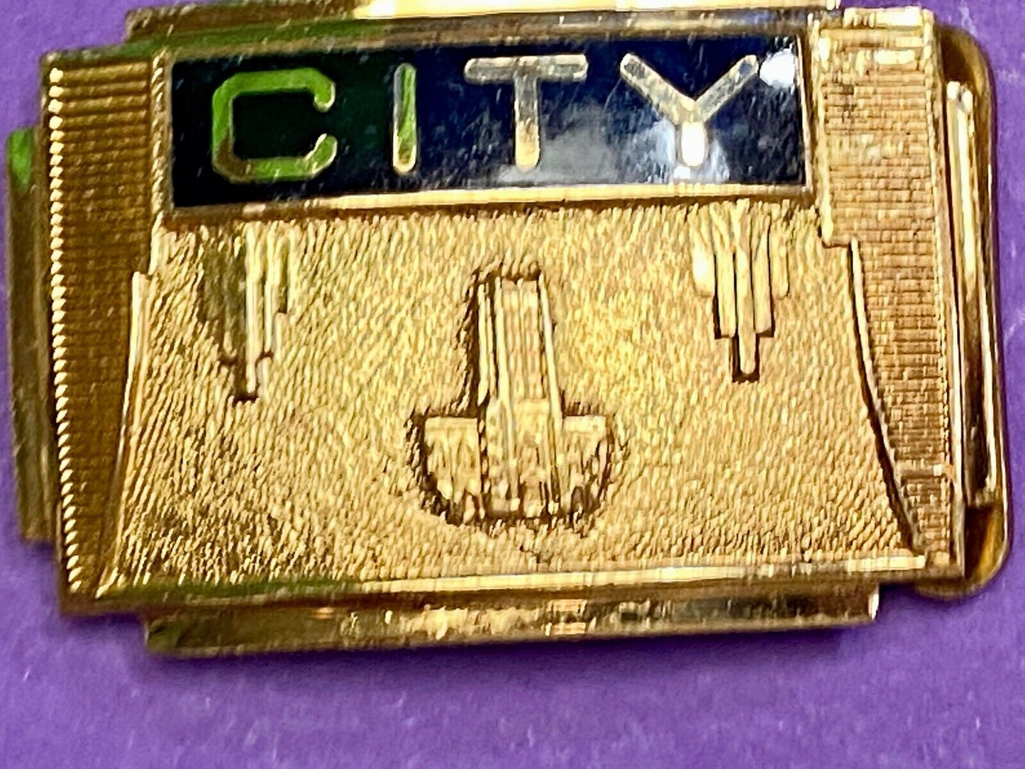 1930's CITY picture & words, Gold and Black color formal belt buckle by Jenkins 