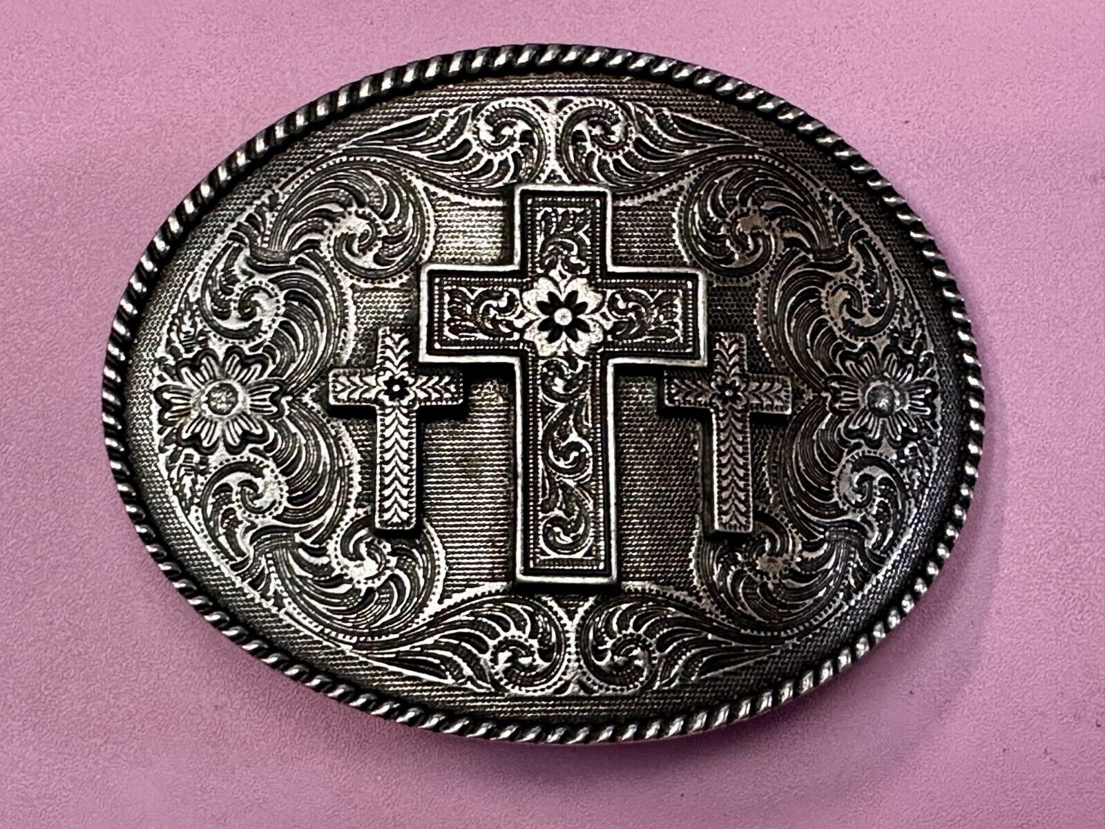 Three Cross Religious Faith Christian Flower Swirl Western Belt Buckle by Taylor