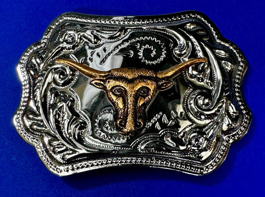 Texas Longhorn Rodeo Steer Bull Vintage Two Tone Western Cowboy's Belt Buckle