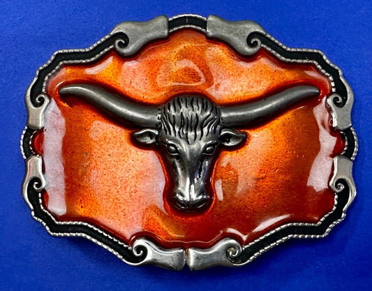 Texas Longhorn Cow Head Steer Orange Enameled Western Cowboys Rodeo Belt Buckle