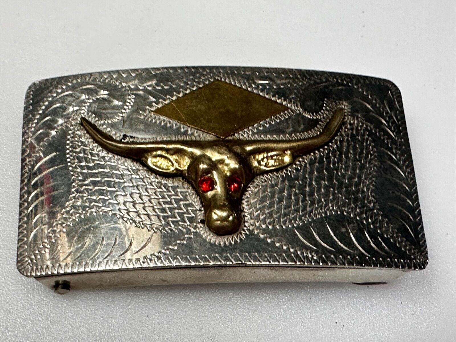 Antique Longhorn Vintage Silver & Gold Tone? Engraved Belt Buckle  Red Ruby Eyes