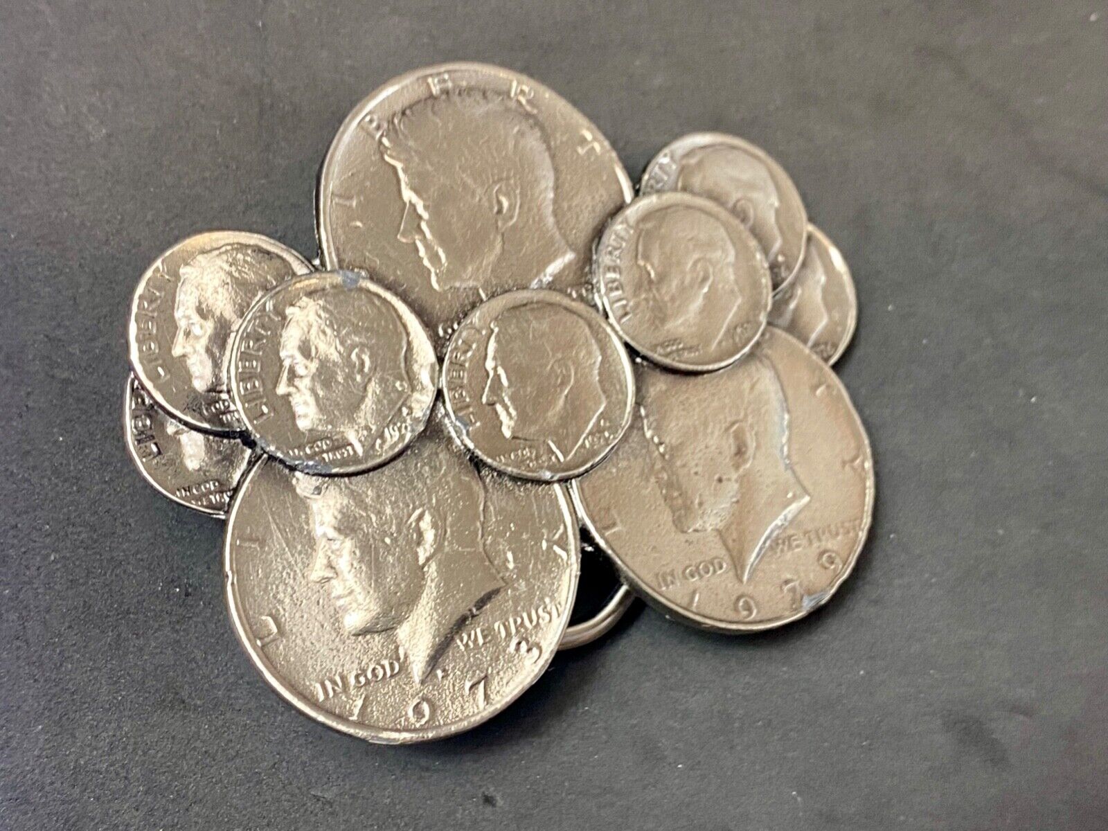 Vintage Coin Collectors Cluster figural 1979 Liberty JFK dimes belt buckle
