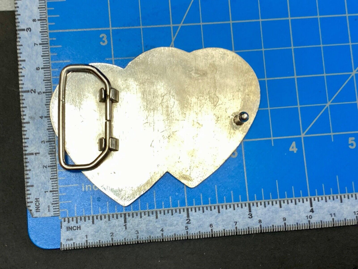 Two Jeweled Hearts Red Rhinestone outlining silver tone cutout belt buckle