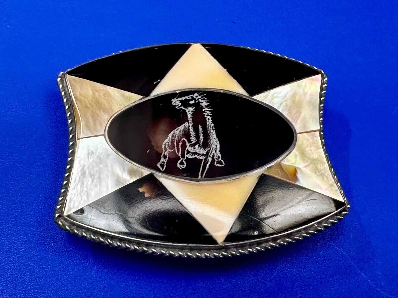 Antique Etched Bronco Mother of Pearl Inlay Artisan Silver? Belt Buckle