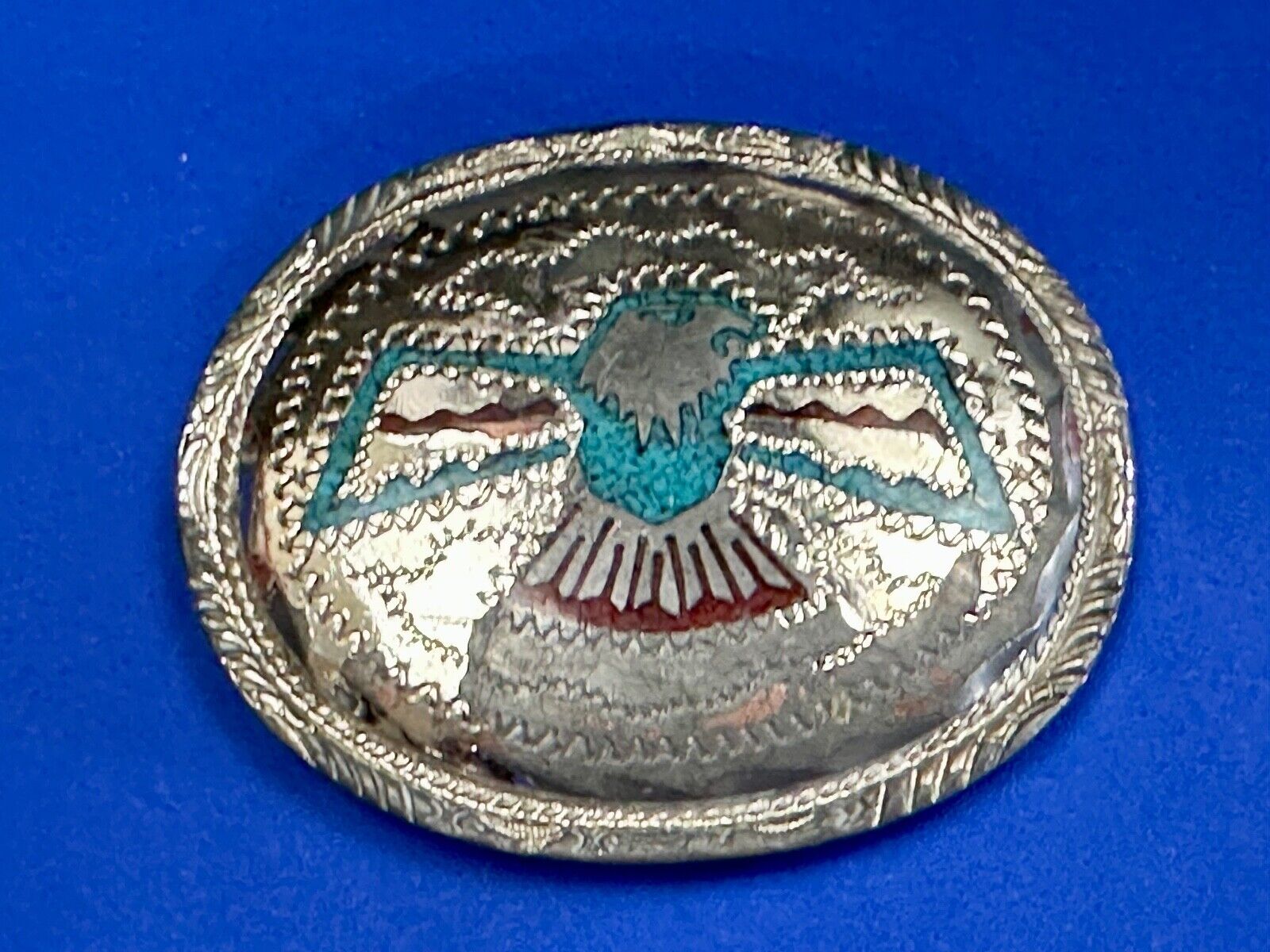 THUNDERBIRD Inlaid turquoise & Coral belt buckle - see hallmark ---   to restore