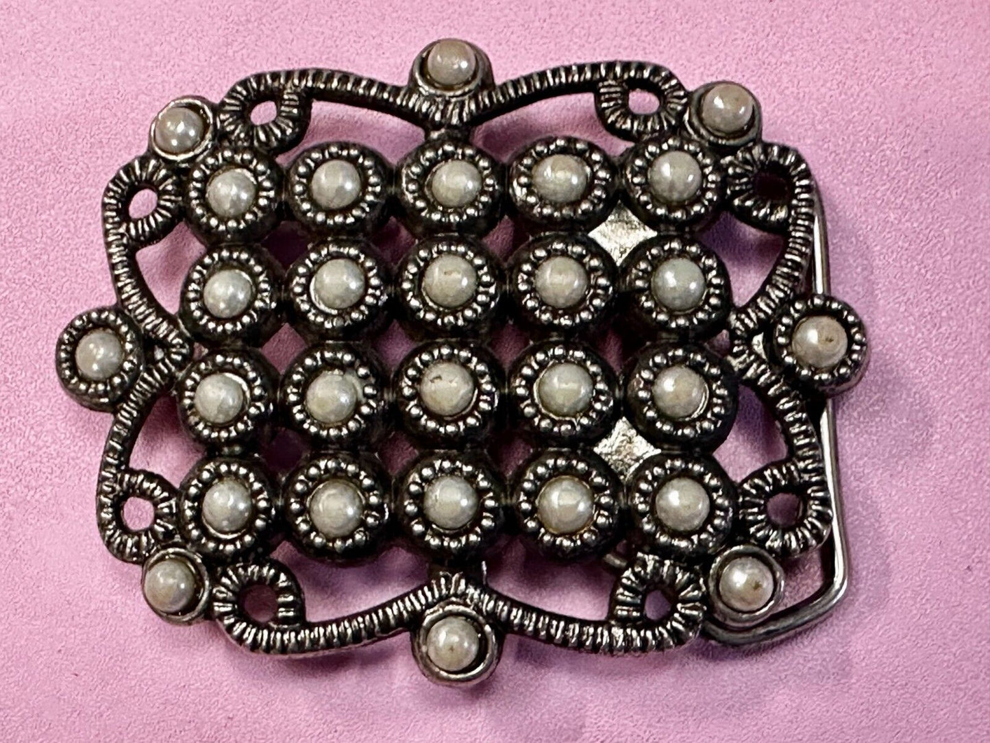 Victorian Style Faux Pearl Accented See-Trough Gray Metal Belt Buckle