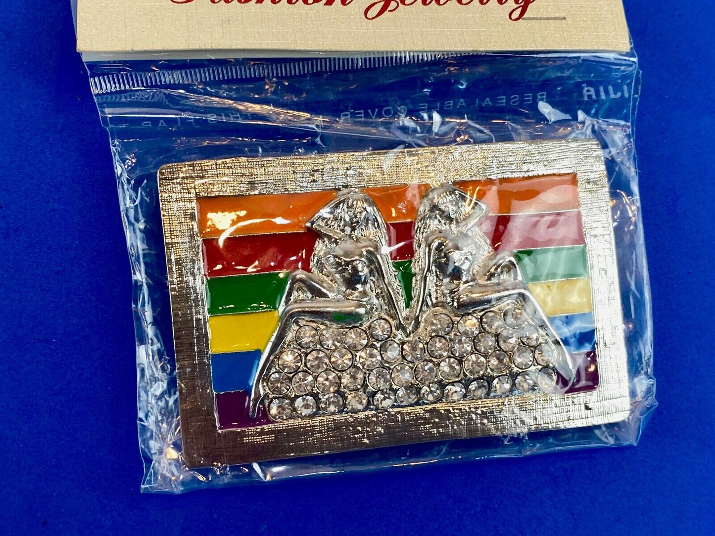 Two women on mound of rhinestones Rainbow colors belt buckle - lgbt lesbian