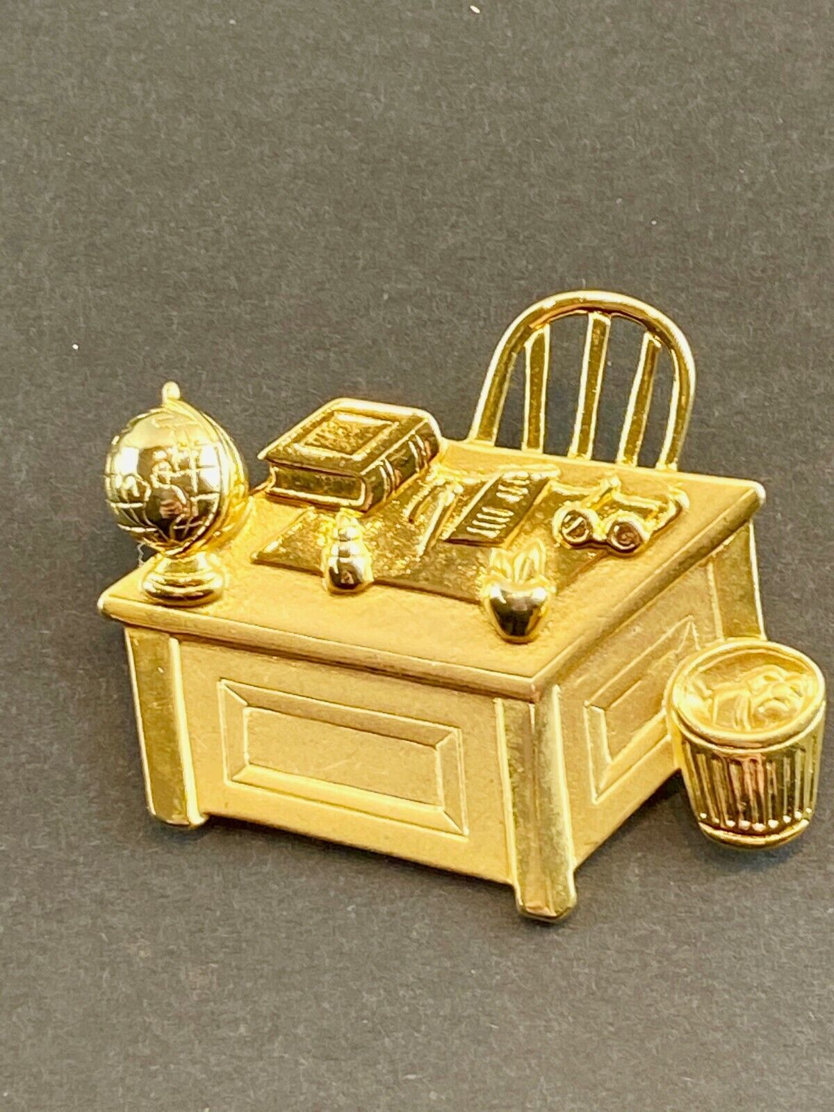 Teacher's Desk Chair Book Apple Globe Gold-Tone Metal Brooch  by JJ 