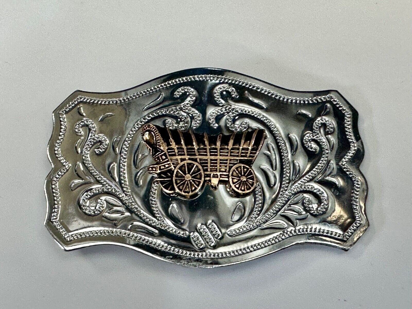 Vintage Covered Wagon - western two tone outlined ornate belt buckle