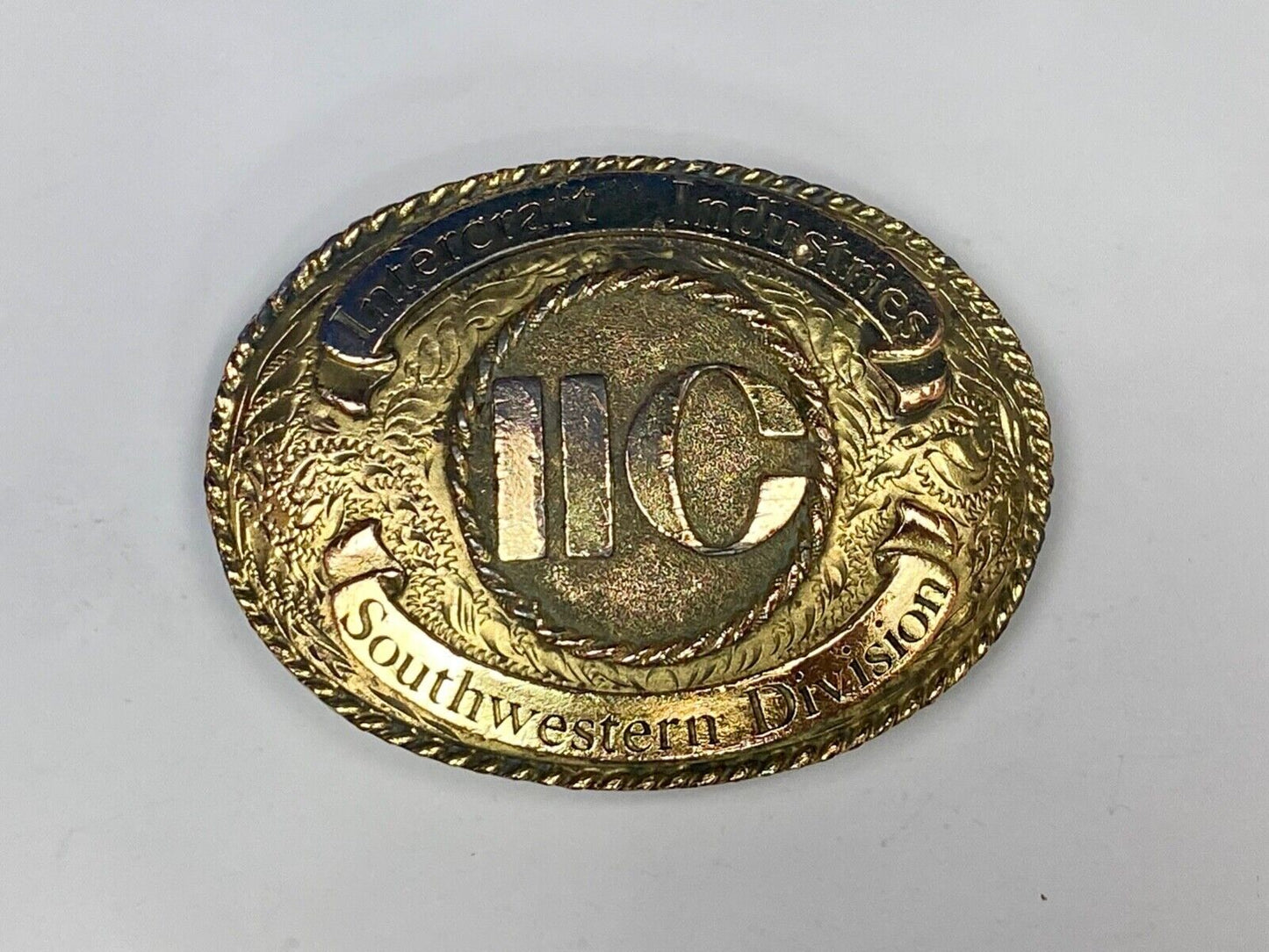 1982  Ornate Intercraft Industries Texas Iic Company Advertising Belt Buckle