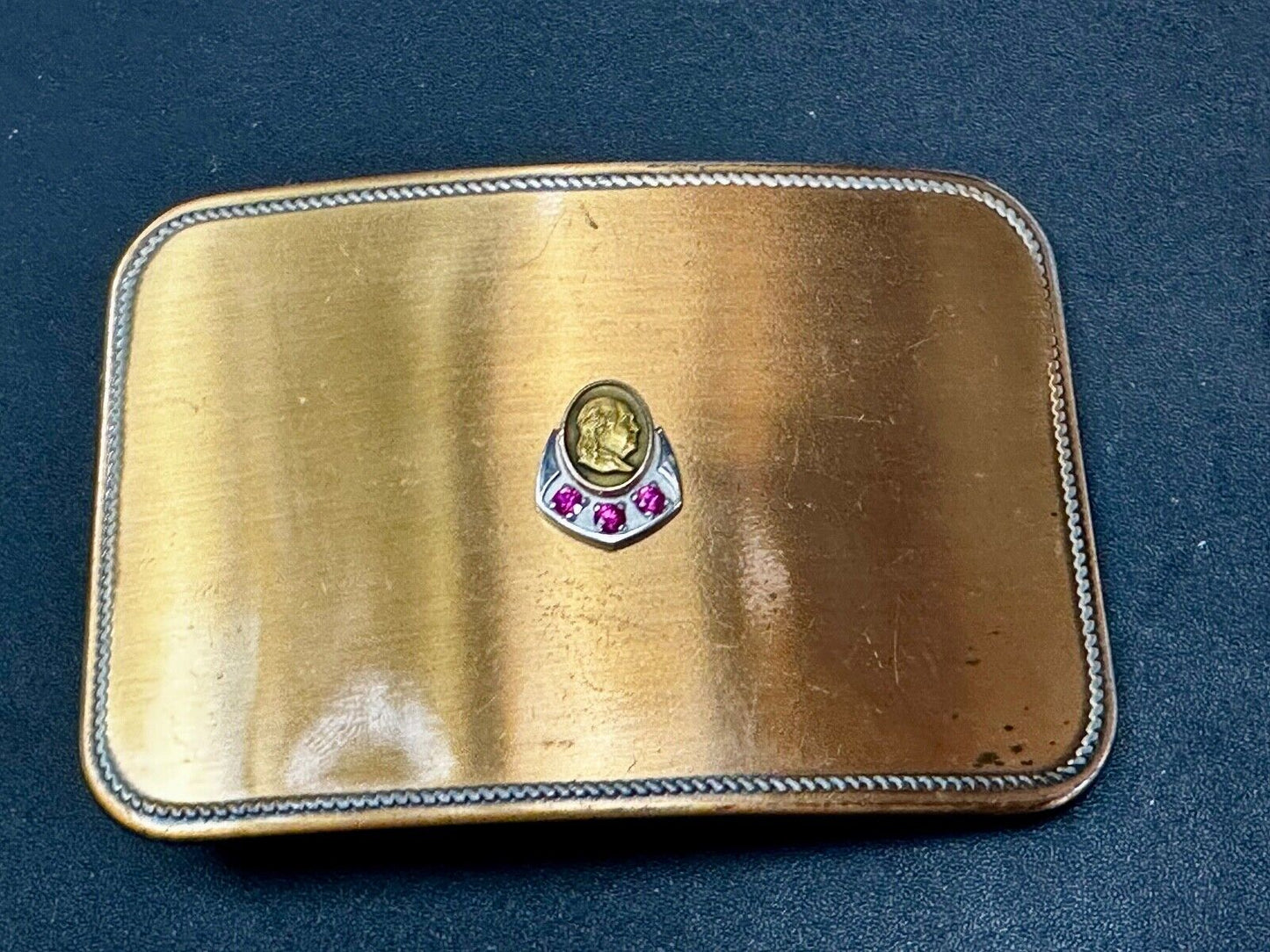 Vintage 10K Gold Benjamin Ben Franklin Centerpiece Belt Buckle with 3 ruby's