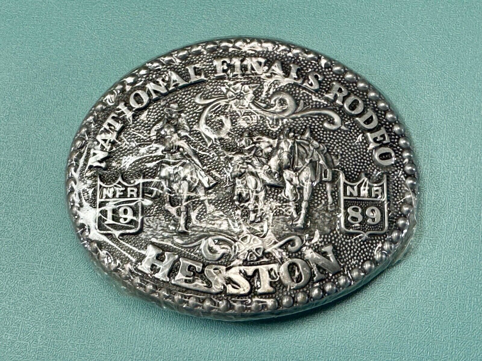 1989 NFR Rodeo Vintage Hesston Belt Buckle Steer Wrestling  New Nos