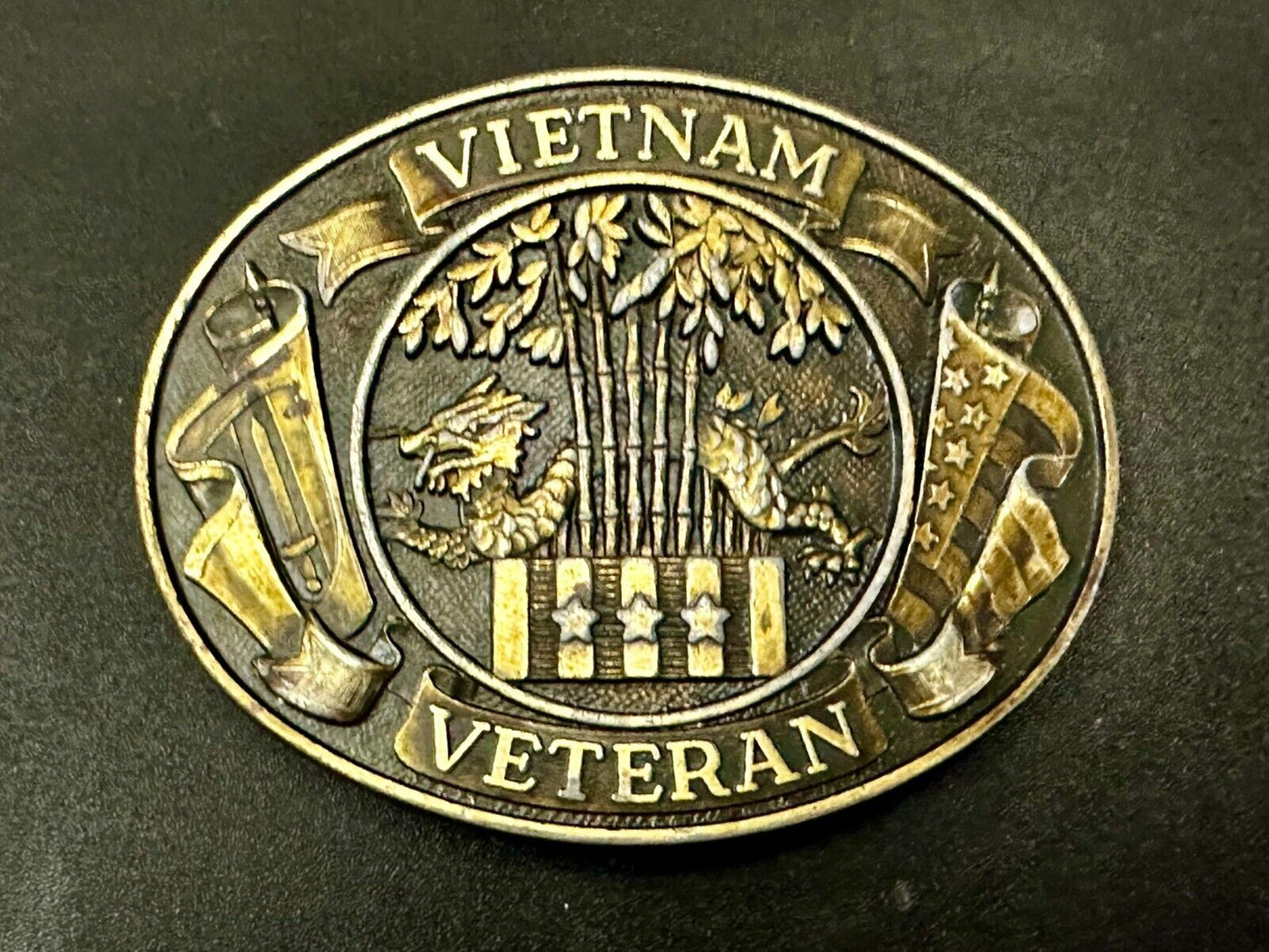 Vietnam Veteran Dragon Bamboo & Flag's Vsm Service Medal Logo Belt Buckle