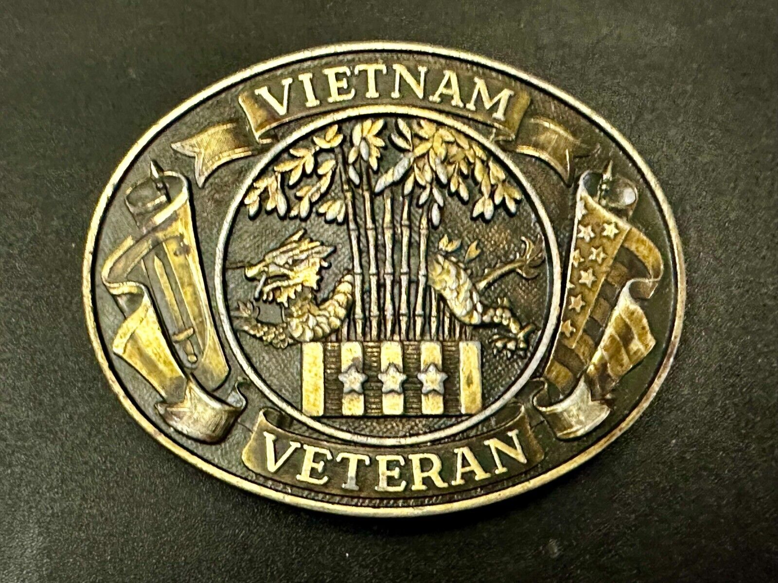 Vietnam Veteran Dragon Bamboo & Flag's Vsm Service Medal Logo Belt Buckle