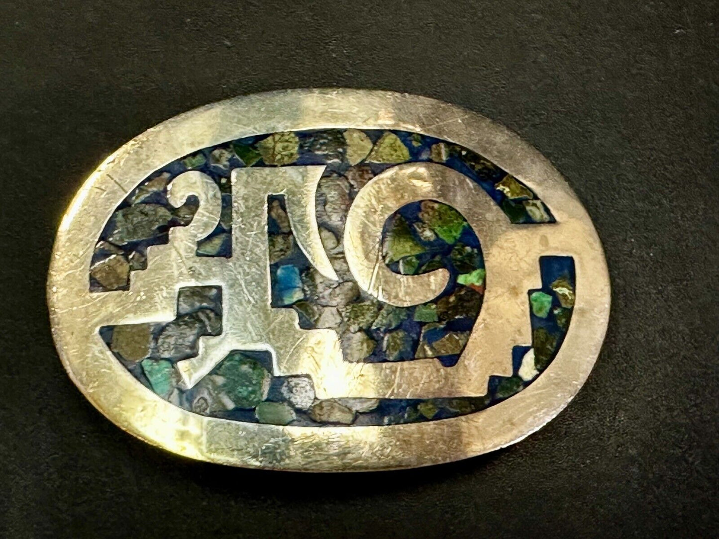 Vintage Inlaid Abalone Shell AZTEC MAYAN Theme Mexico Made? Belt Buckle